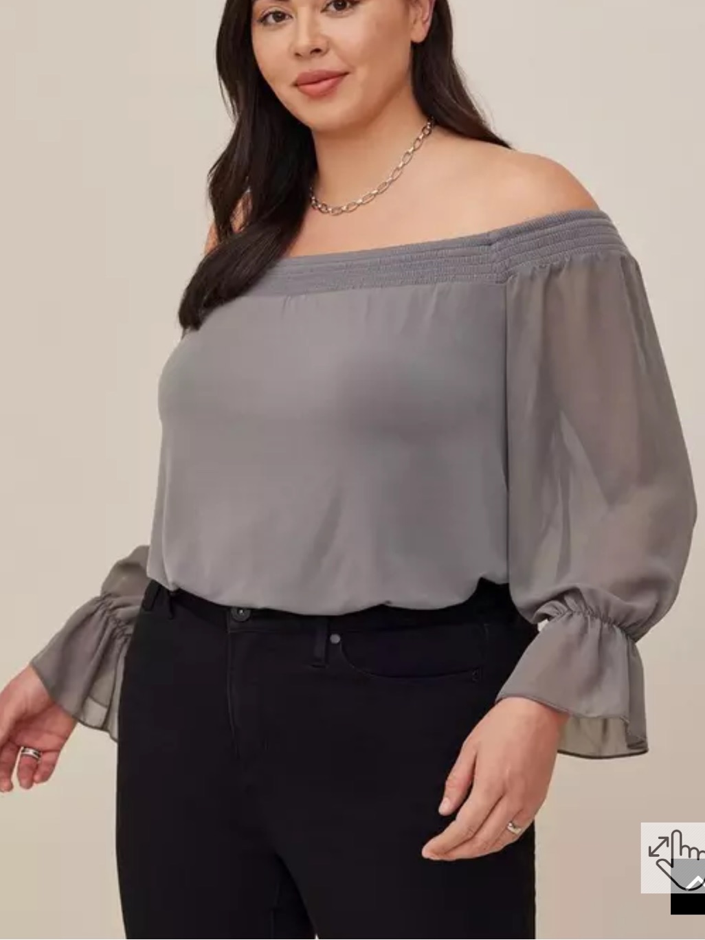 Torrid Gray Knit Off-Shoulder Smocked Chiffon Sleeves Swing Top Size 4 4x 26